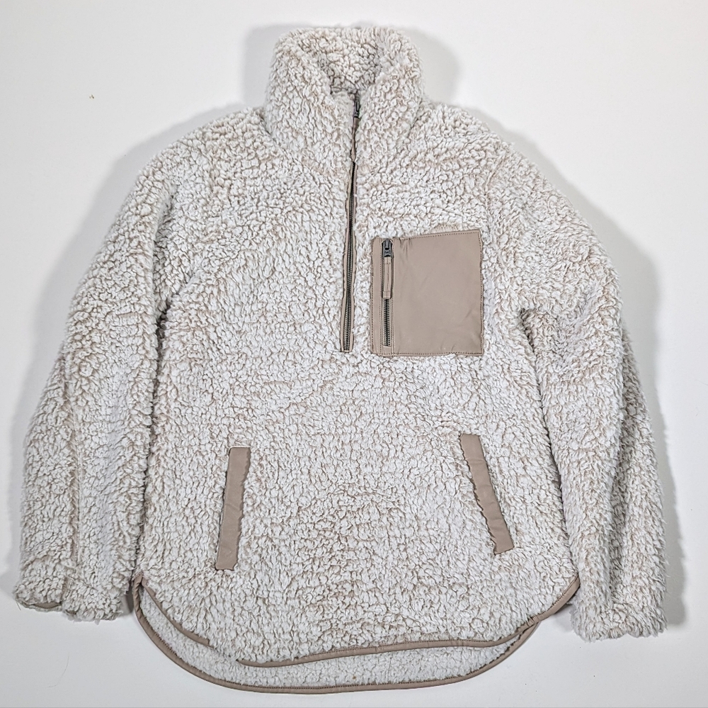 Abercrombie & Fitch Khaki Sherpa Jacket with Faux Leather Trim Detail Small NWT